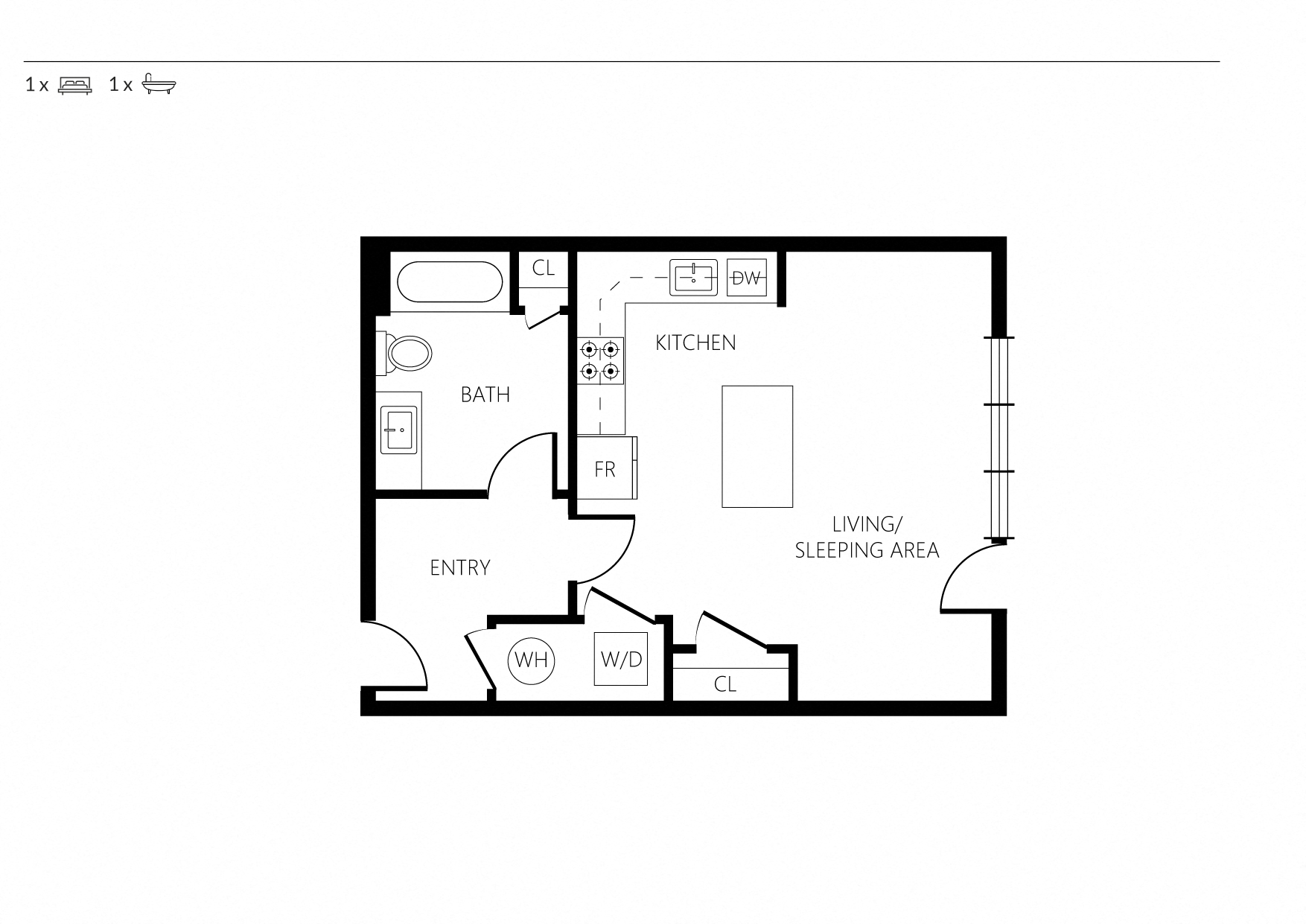 Floor plan for studio, 1 bath, 550 sqft